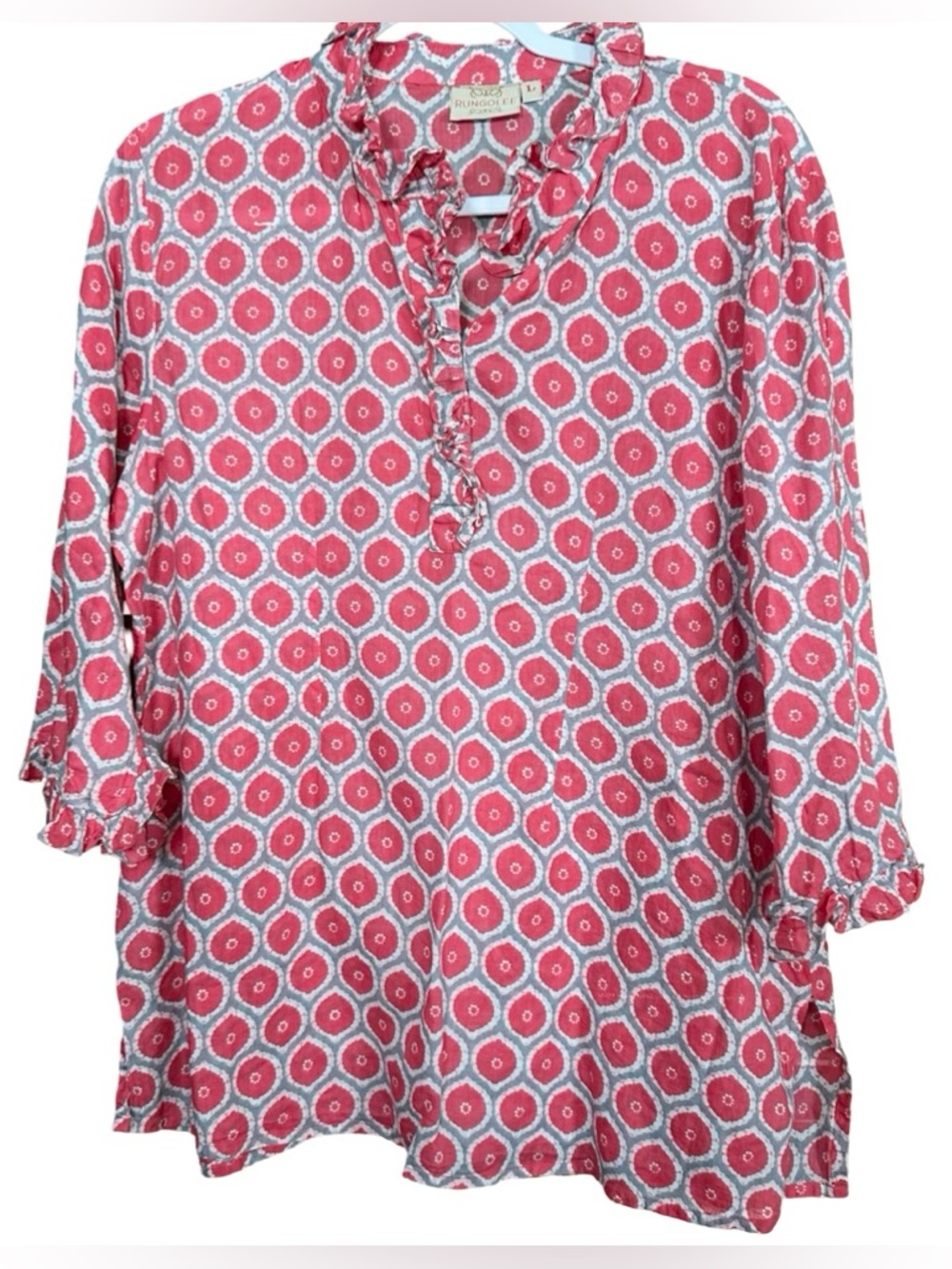 Rungolee 100% Silk Pink Gray Geometric Print Bohemian Ruffled Blouse Size Large